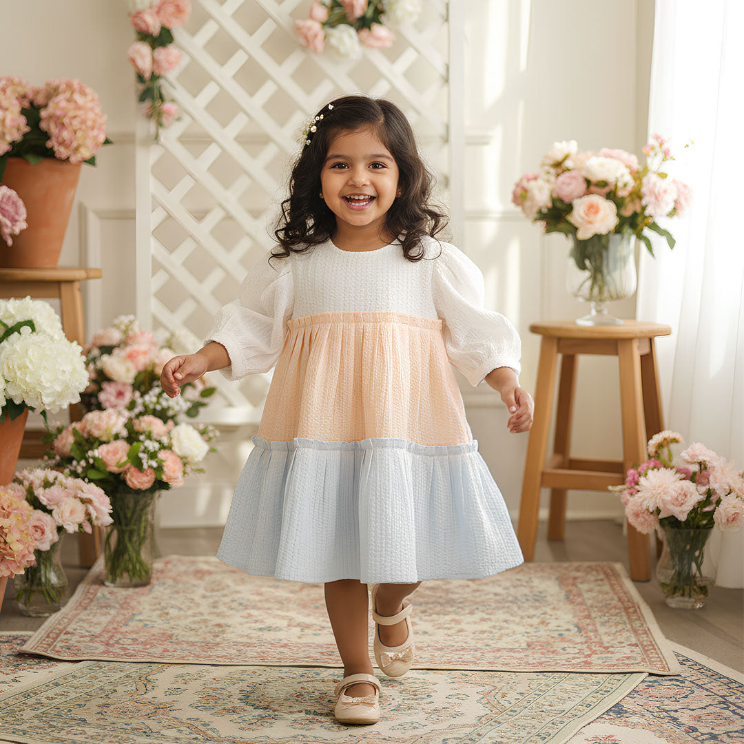 Keebee Organic Cotton Solid Textured Multicolor Baby Girl Tiered Dress with Puffed Sleeves