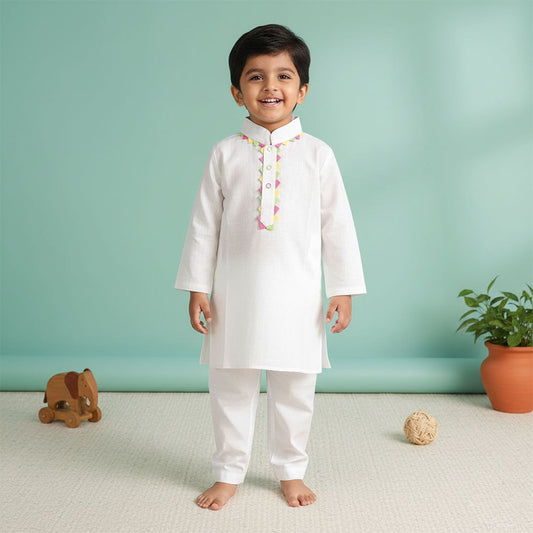 Keebee Organic Cotton White Embroidered Kurta paired with Pajama Pants - Festive Toran