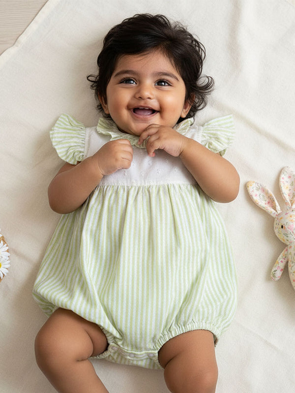 Baby Girl Green and White Romper with Flutter Sleeves