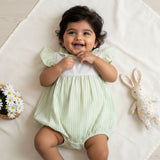 Baby Girl Green and White Romper with Flutter Sleeves