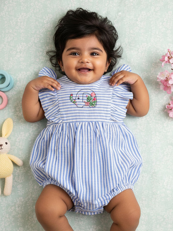 Baby Girl Embroidered Blue and White Romper with Ruffles - Elephant in the Bloom