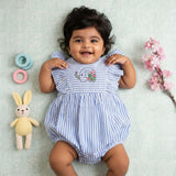 Baby Girl Embroidered Blue and White Romper with Ruffles - Elephant in the Bloom