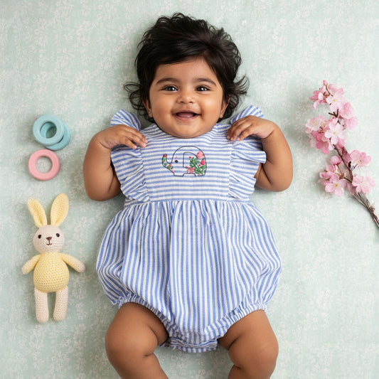 Blue and White Striped Embroidered Romper with Ruffles - Elephant in the Bloom
