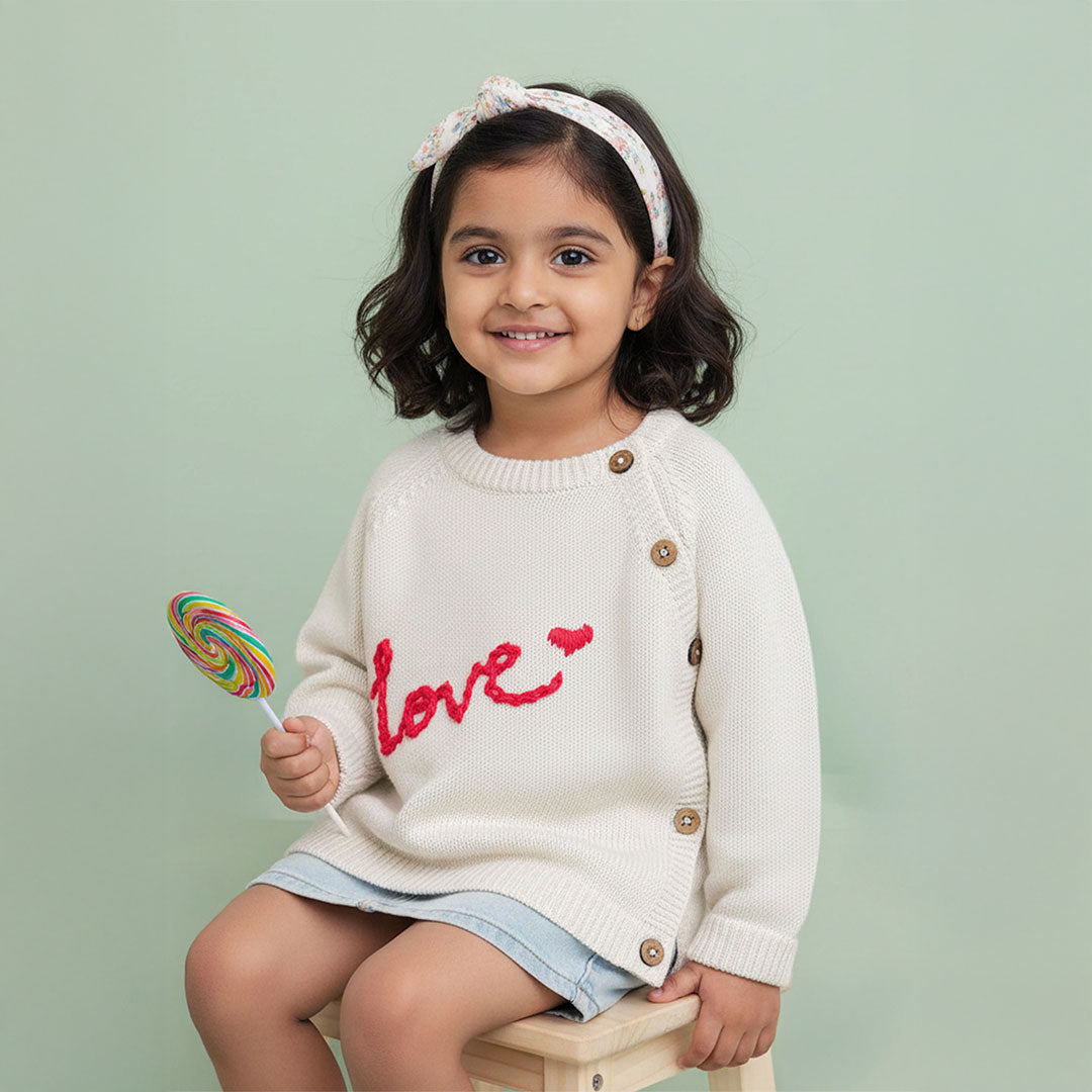 Keebee Organic Cotton Hand Embroidered White Sweater - Love