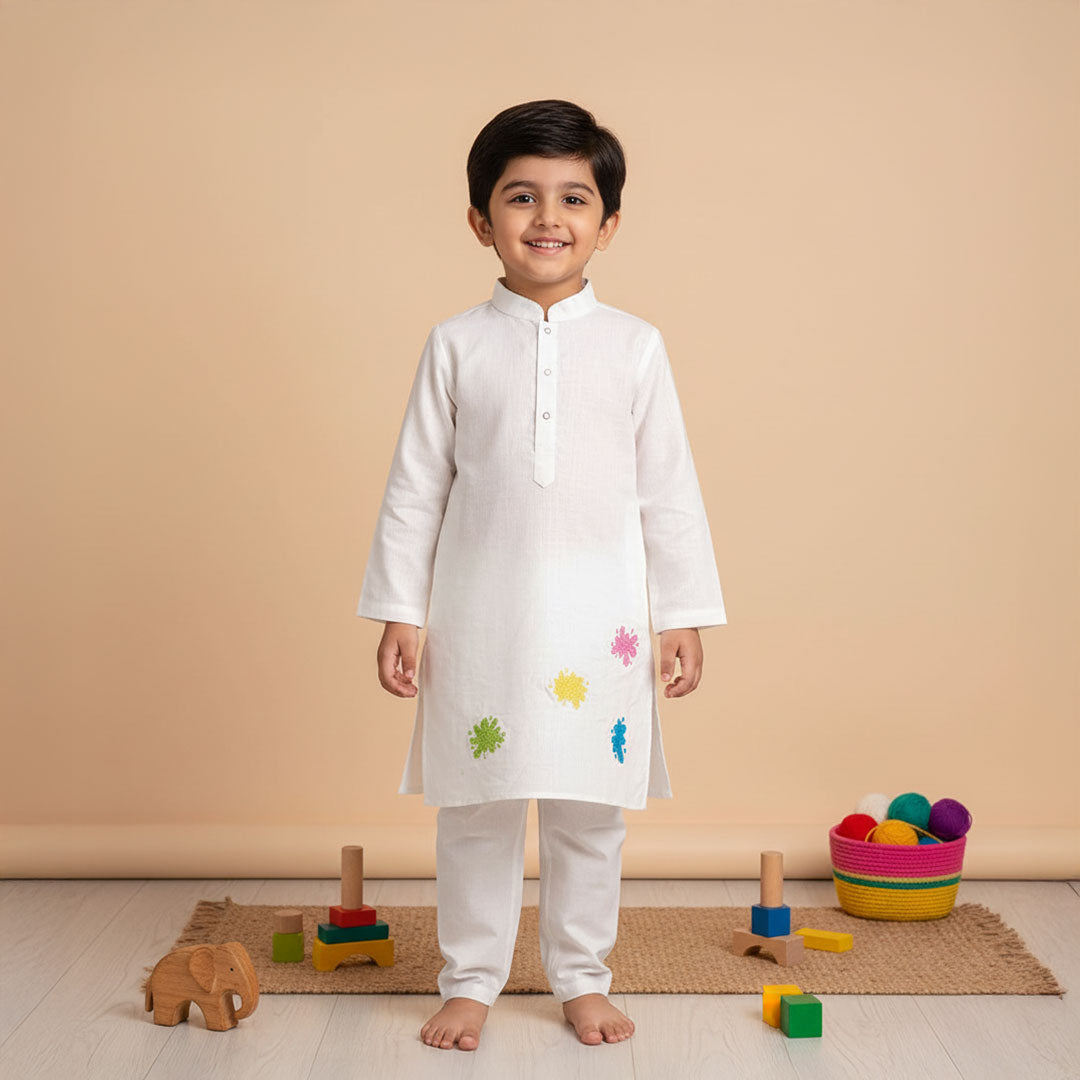 Keebee Organic Cotton White Embroidered Kurta paired with Pajama Pants -Splash of Colors