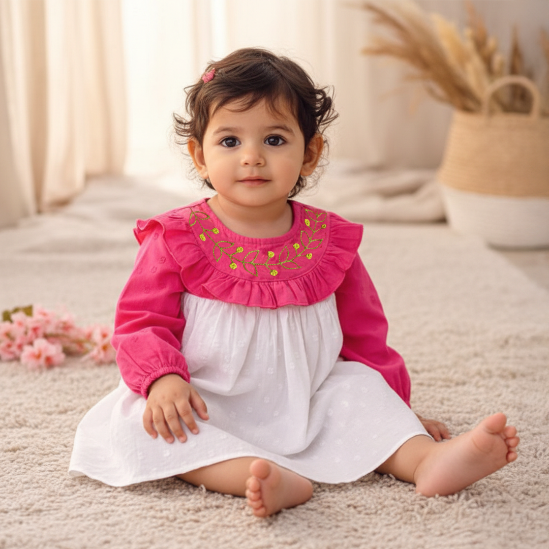 Keebee Organic Cotton Embroidered Hot Pink and White Puffed Sleeve Dress - Garland of Flowers