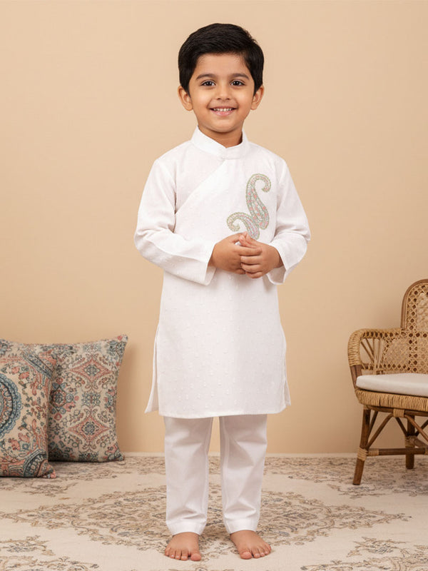 Boys Embroidered White Kurta paired with Pajama Pants - Paisley