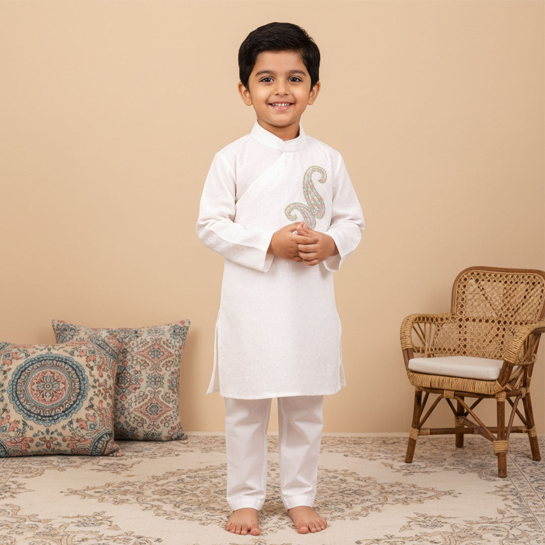 Boys Embroidered White Kurta paired with Pajama Pants - Paisley