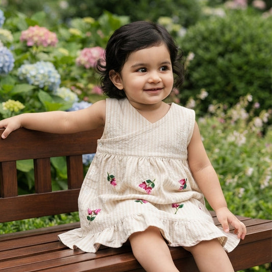 Baby Girl Embroidered Beige and White Wrap Dress - Pink Bloom