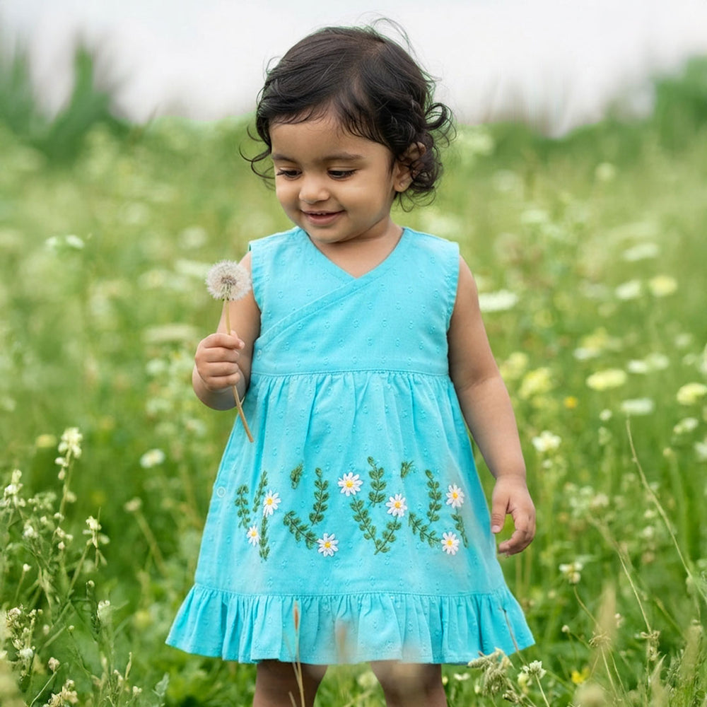 Baby Girl Embroidered Turquoise Blue Wrap Dress and Accessories Set - White Flowers