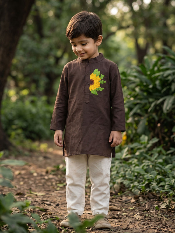 Boys Embroidered Brown Kurta paired with Pajama Pants - Sunflower