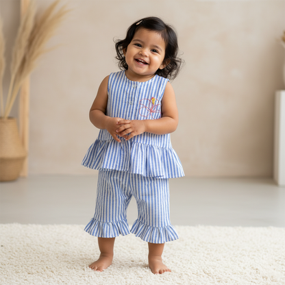 Blue and White Stirped Embroidered Coord Set - Hibiscus