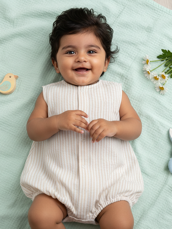 Unisex Baby Beige and White Striped Romper