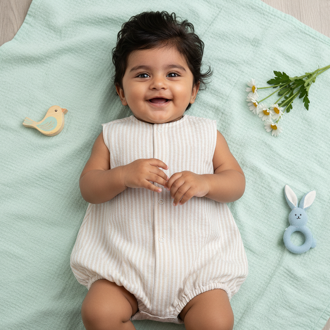 Unisex Baby Beige and White Striped Romper