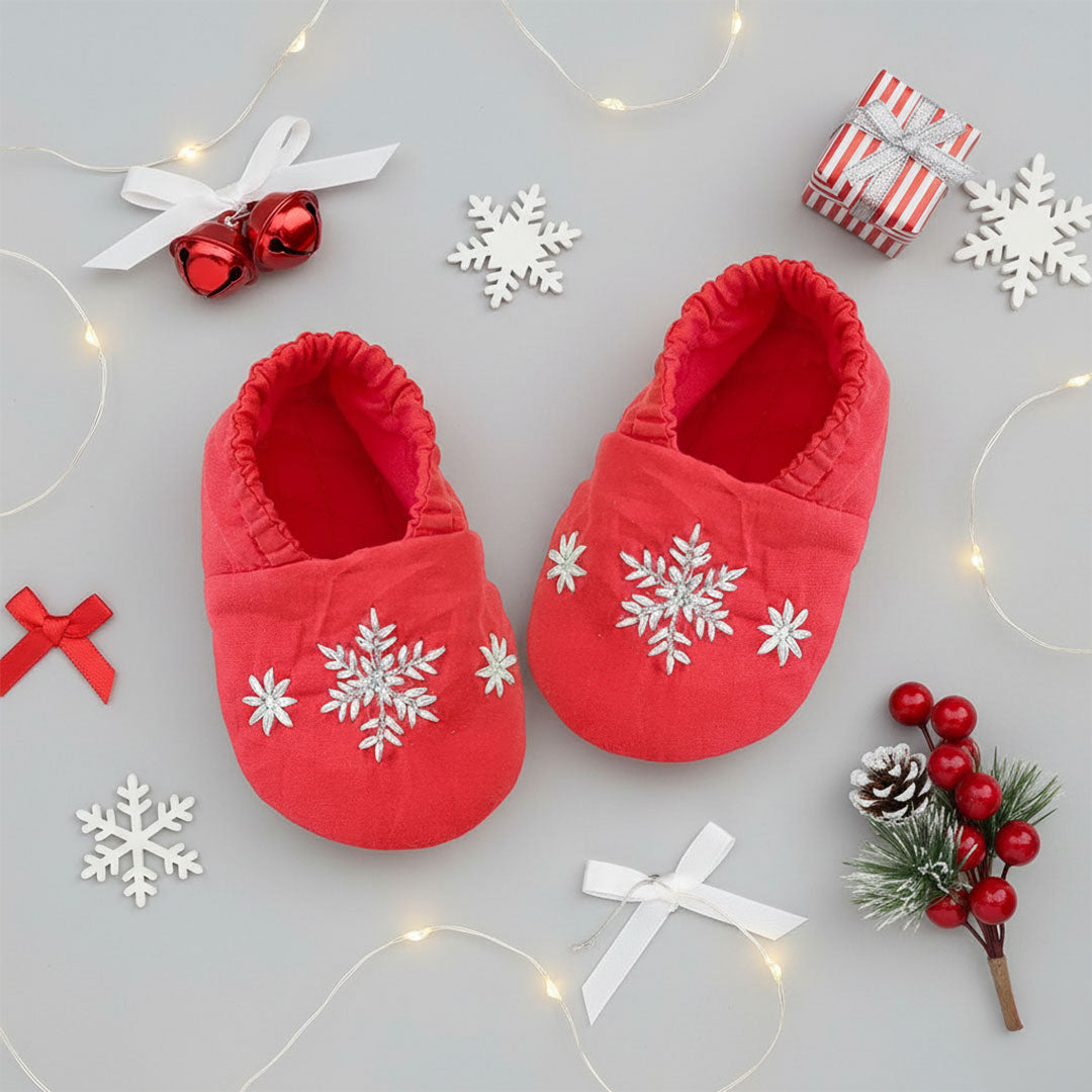 Keebee Organic Cotton Red Embroidered Baby Shoes - Snowflakes