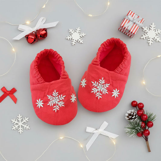 Keebee Organic Cotton Red Embroidered Baby Shoes - Snowflakes