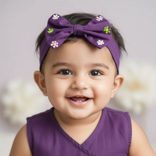Keebee Organic Cotton Purple Embroidered Classic Bow Headband - Colorful Flowers