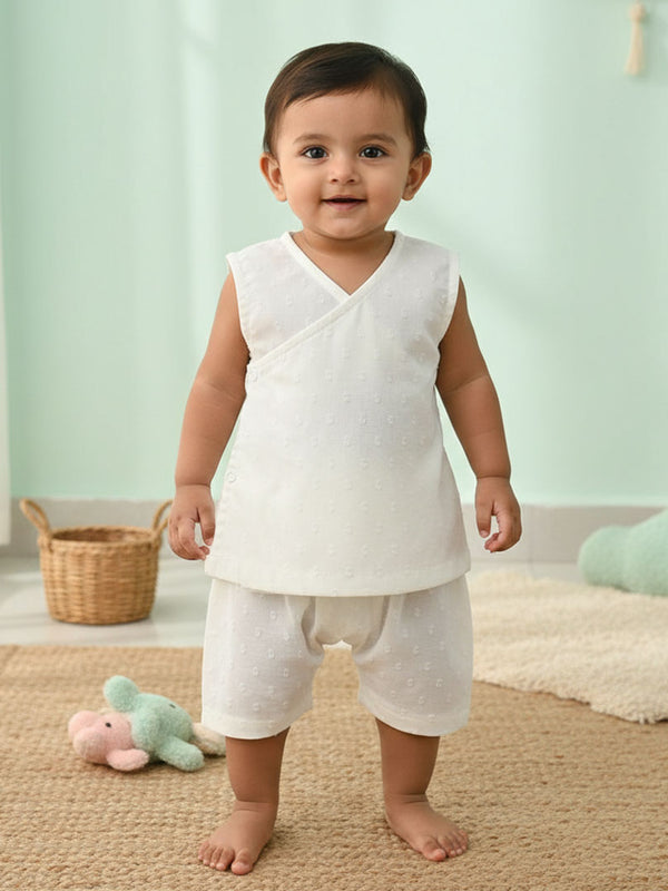 Kimono Wrap Style Solid Textured Baby Jabla Set - White