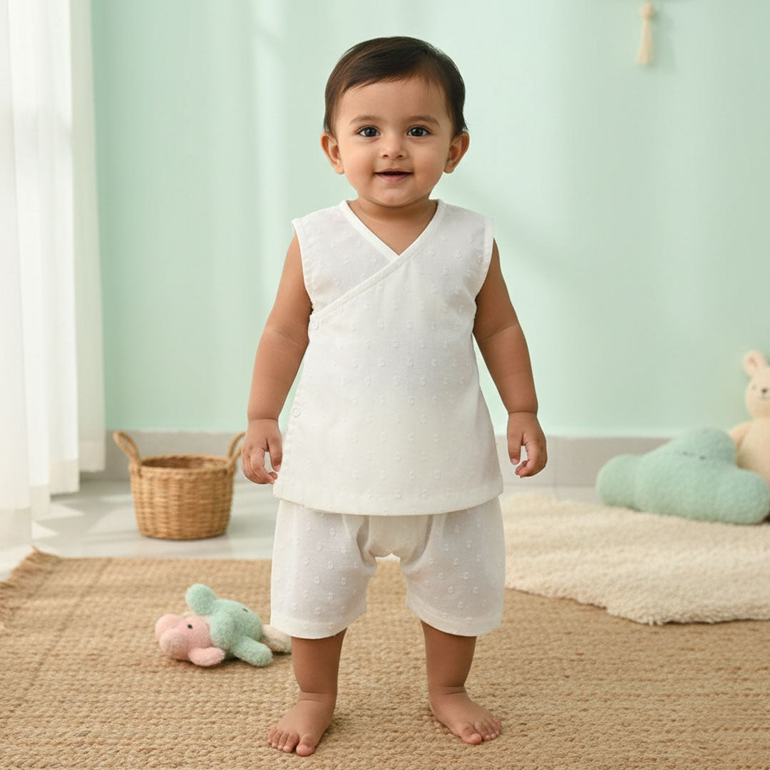 Kimono Wrap Style Solid Textured Baby Jabla Set - White
