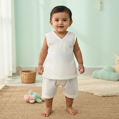Kimono Wrap Style Solid Textured Baby Jabla Set - White