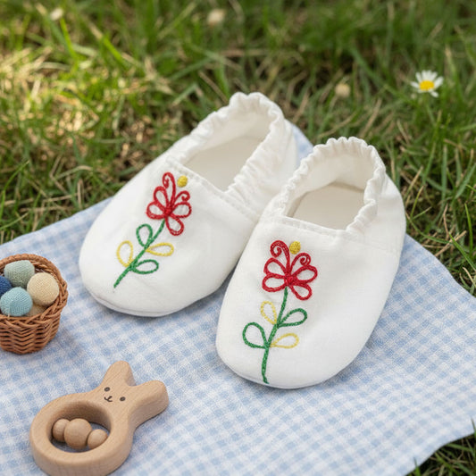 Keebee Organic Cotton Embroidered White Baby Shoes - Sunny Garden