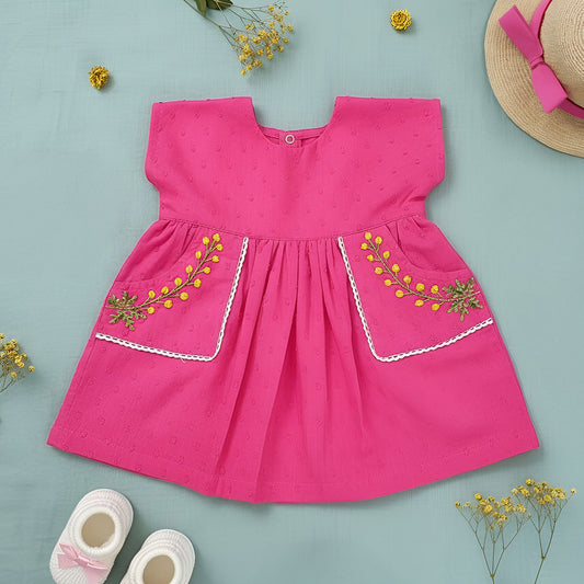Keebee Organic Cotton Embroidered Girls Hot Pink Pocket Dress - Yellow Flowers