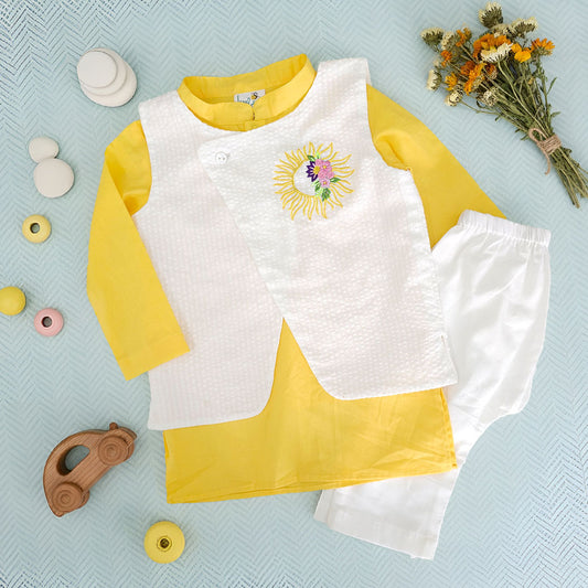 Keebee Organic Cotton Sun Embroidered Jacket Kurta and White Pajama Pants Set - Yellow