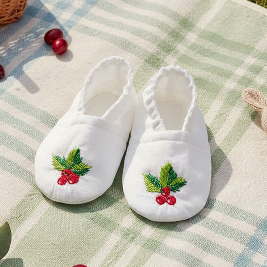 Keebee Organic Cotton Embroidered White Baby Shoes - Merry Holly
