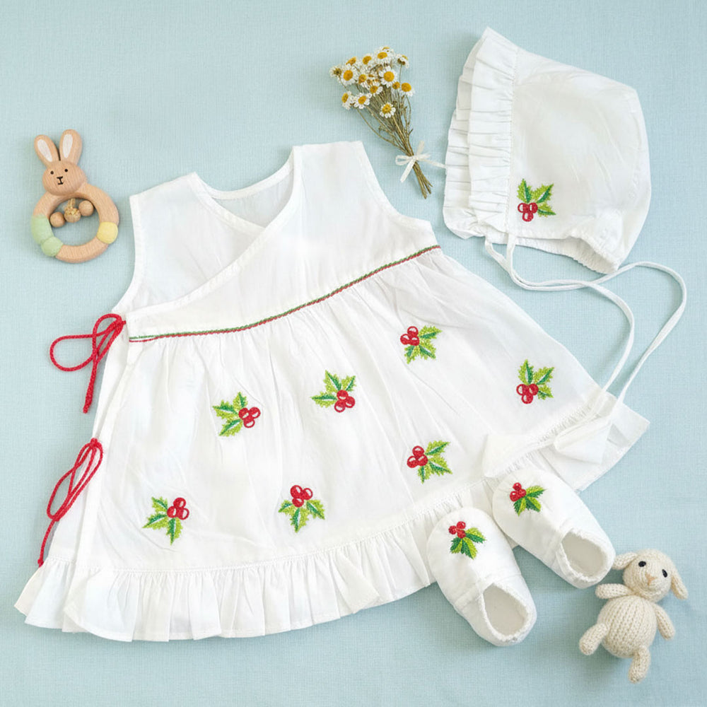 Embroidered White Dress and Accessories Set - Merry Holly