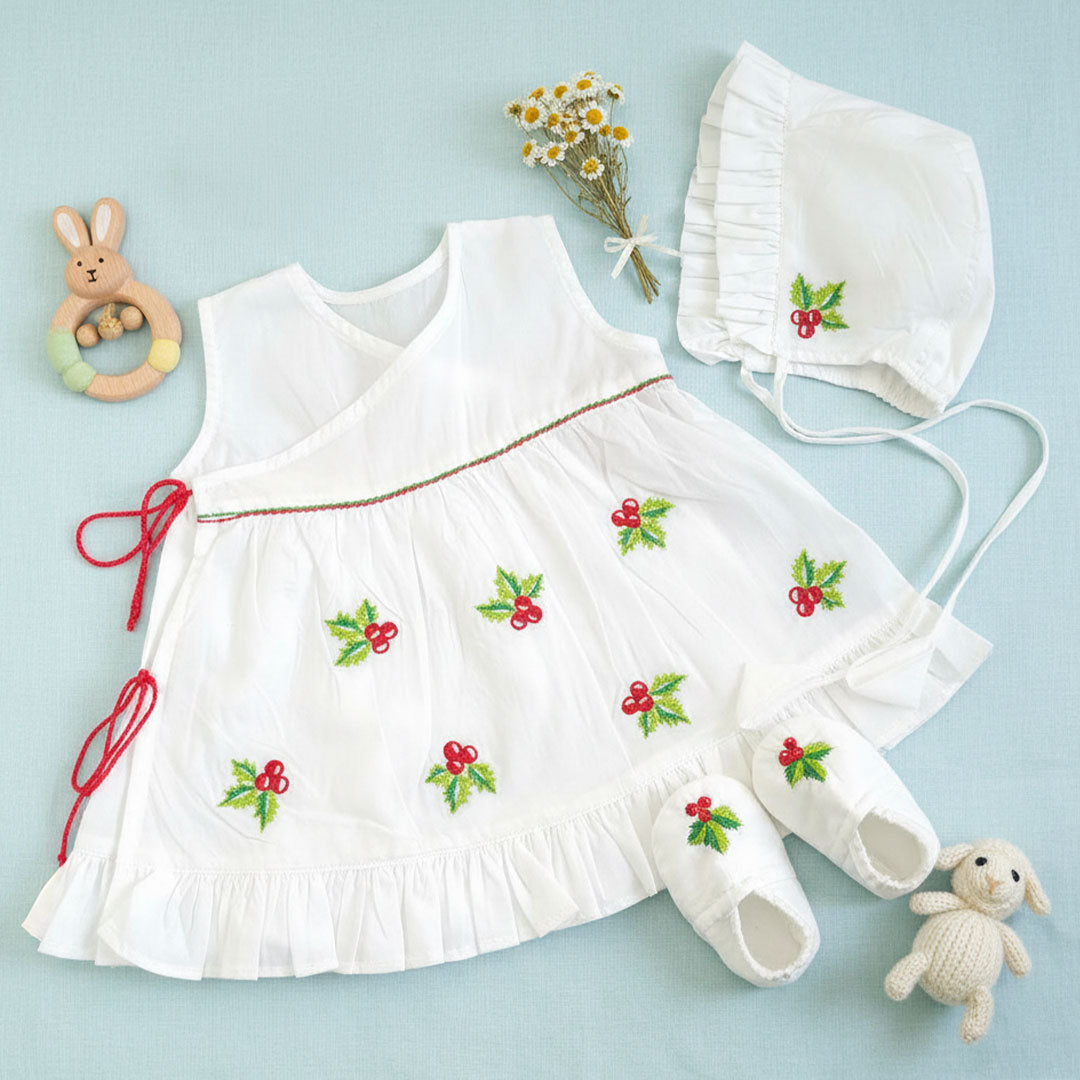 Keebee Organic Cotton Baby Girl Embroidered White Dress and Accessories Set - Merry Holly