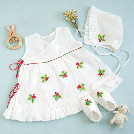 Keebee Organic Cotton Baby Girl Embroidered White Dress and Accessories Set - Merry Holly