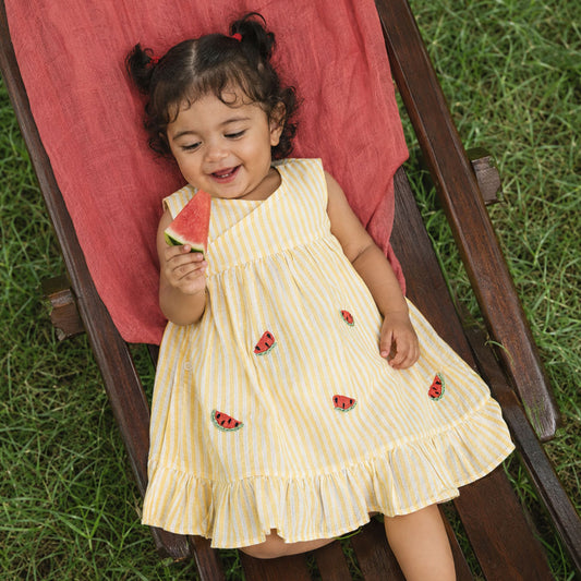 Baby Girl Embroidered Yellow and White Wrap Dress - Sweet Watermelons