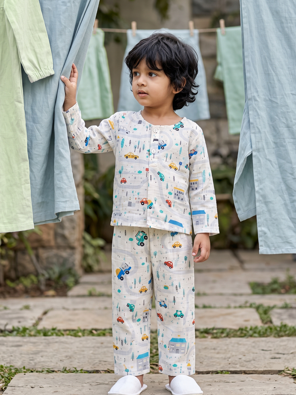 Kids Unisex Full Sleeve Lounge Nightsuit Pajama Set - Tiny Town