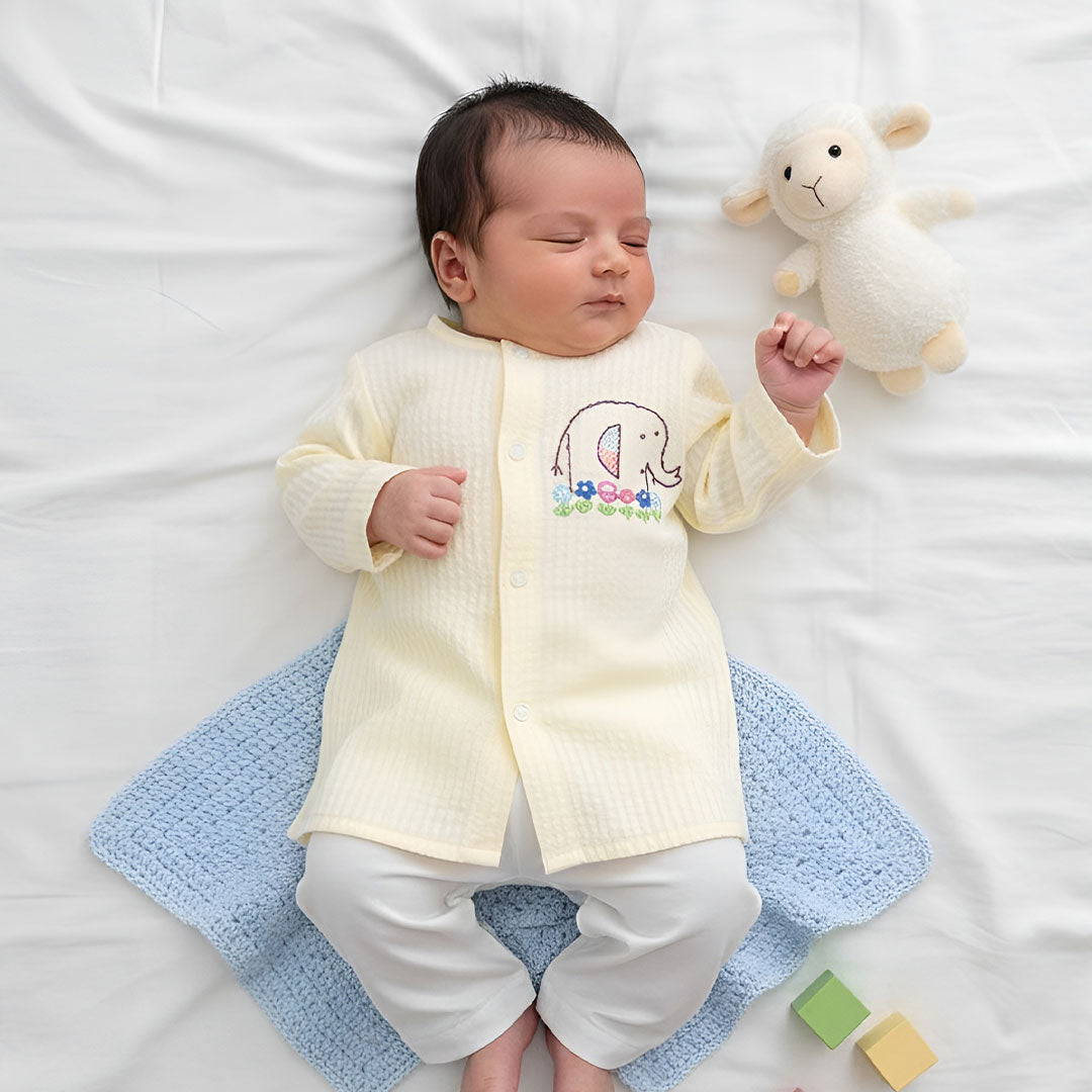 Keebee Organic Cotton Newborn Boys Textured Yellow Kurta Set - Lil Elephant