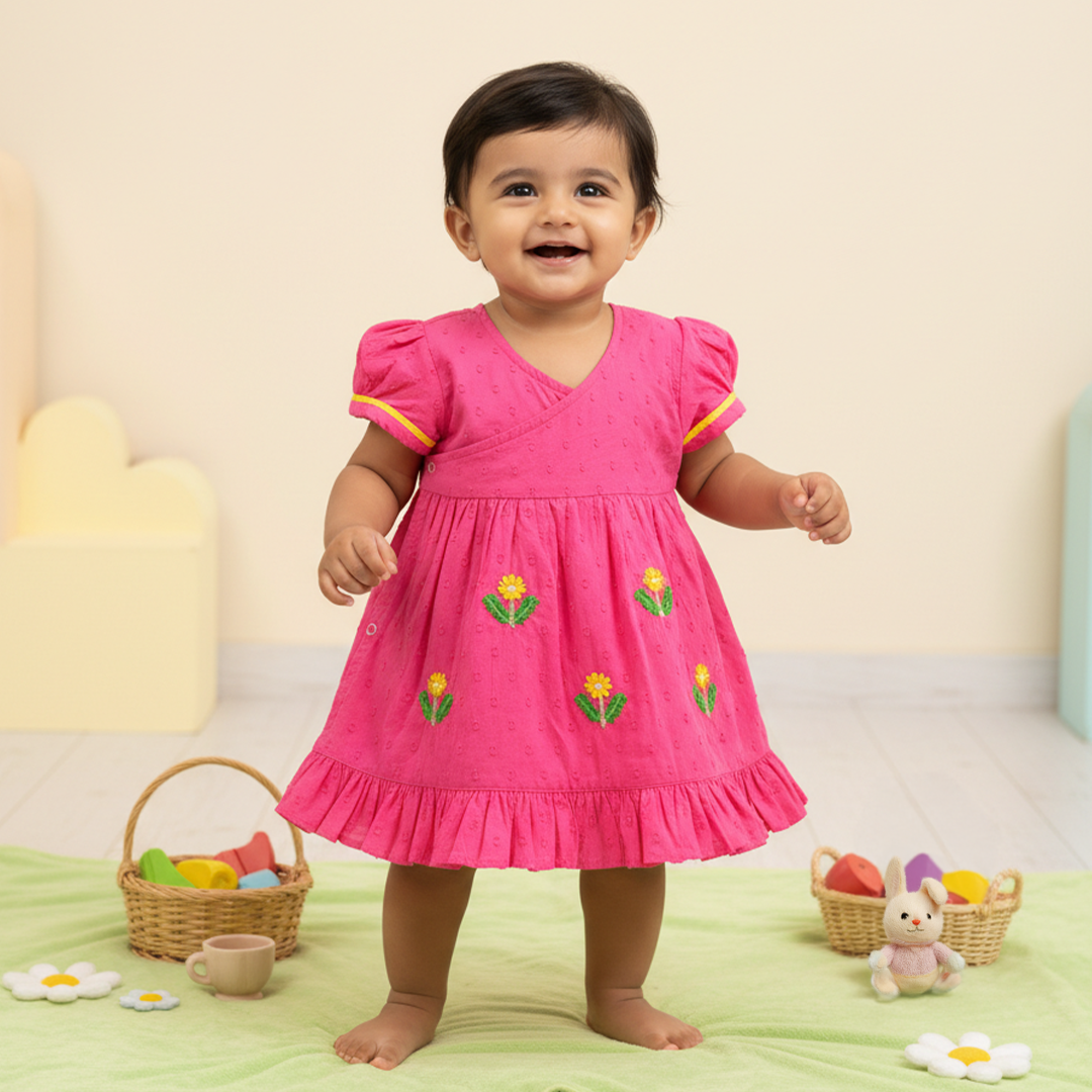 Keebee Organic Cotton Baby Girl Embroidered Hot Pink Wrap Dress and Accessories Set - Yellow Bloom