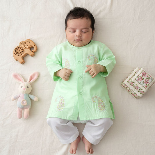 Keebee Organic Cotton Embroidered Mint Green Newborn Kurta & Diaper Pant Set – Paisley