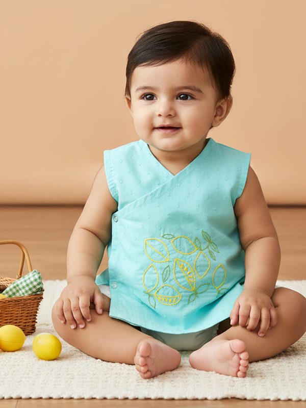 Unisex Baby Embroidered Turquoise Blue Jabla - Lemons and Leaves