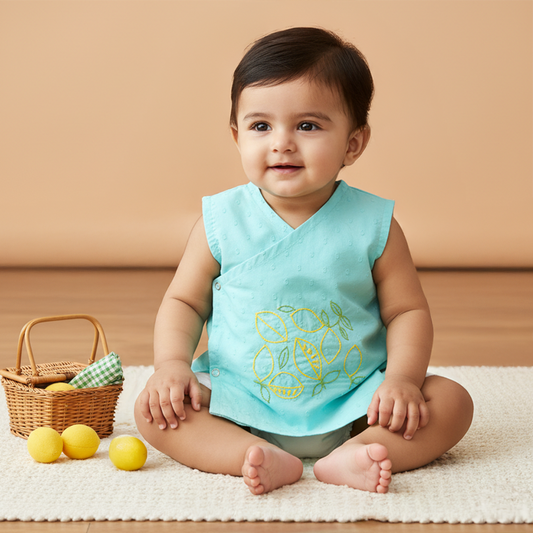 Embroidered Turquoise Blue Jabla - Lemons and Leaves