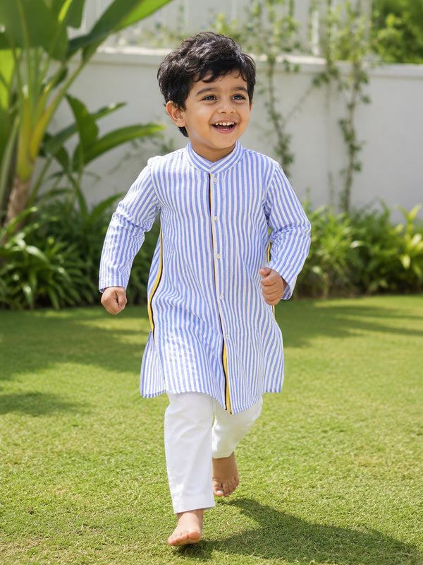 Boys Blue and White Striped Kurta and Pajama Pants Set