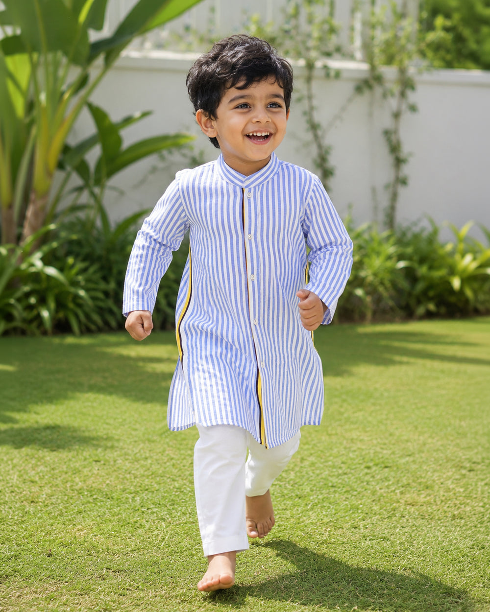 Boys Blue and White Striped Kurta and Pajama Pants Set