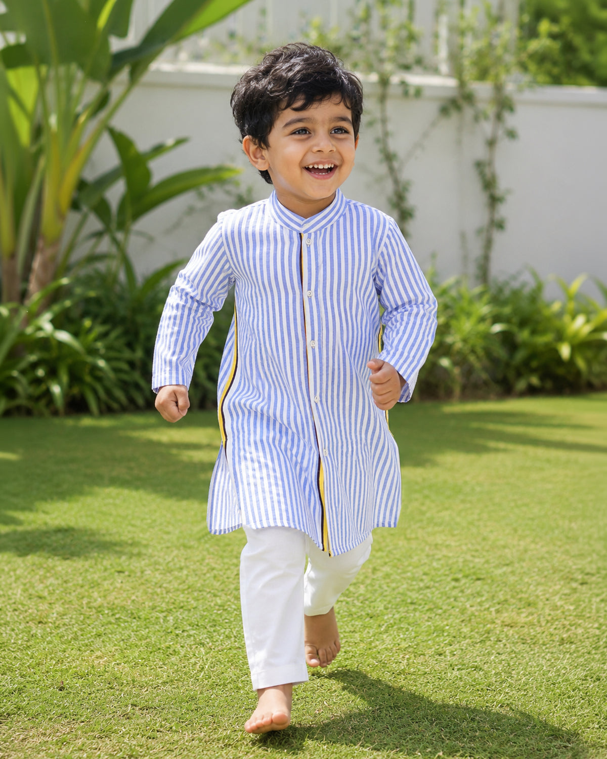Boys Blue and White Striped Kurta and Pajama Pants Set