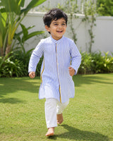 Boys Blue and White Striped Kurta and Pajama Pants Set