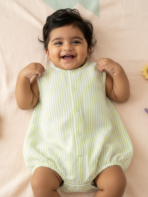Unisex Baby Green and White Striped Romper