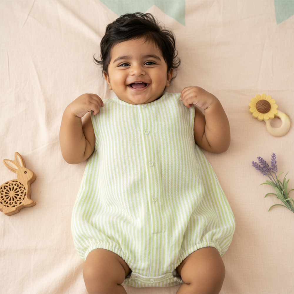 Unisex Baby Green and White Striped Romper