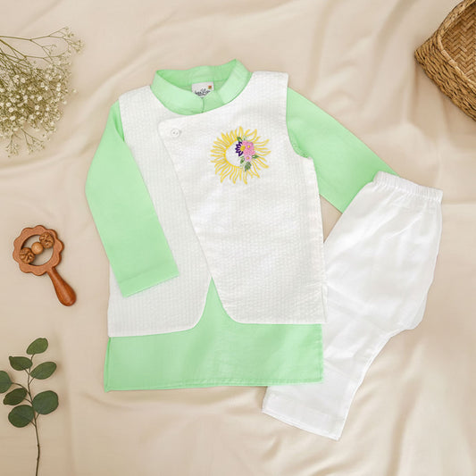 Keebee Organic Cotton Sun Embroidered Jacket Kurta and White Pajama Pants Set - Mint Green