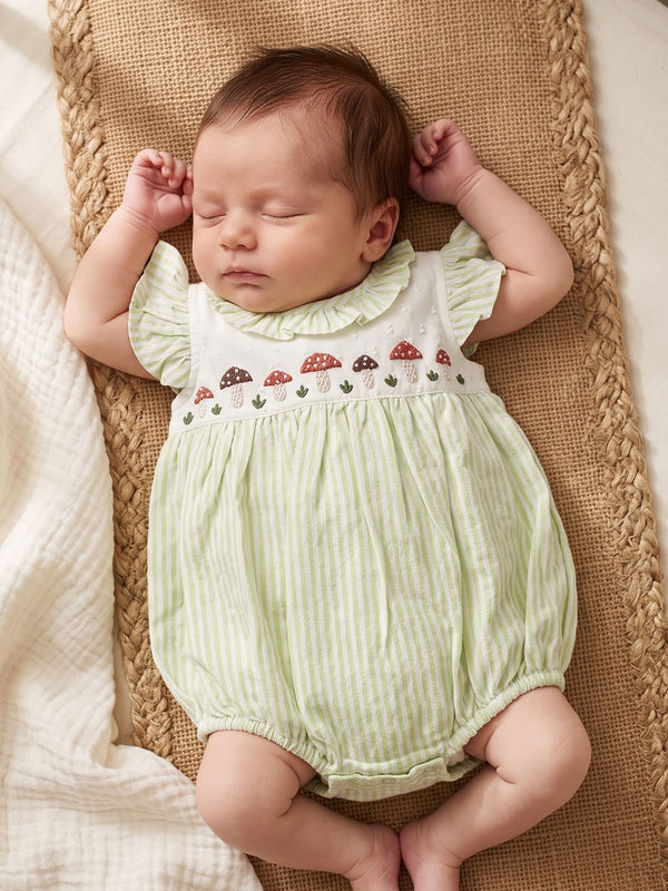 Baby Girl Embroidered Green and White Romper with Flutter Sleeves - Mushrooms