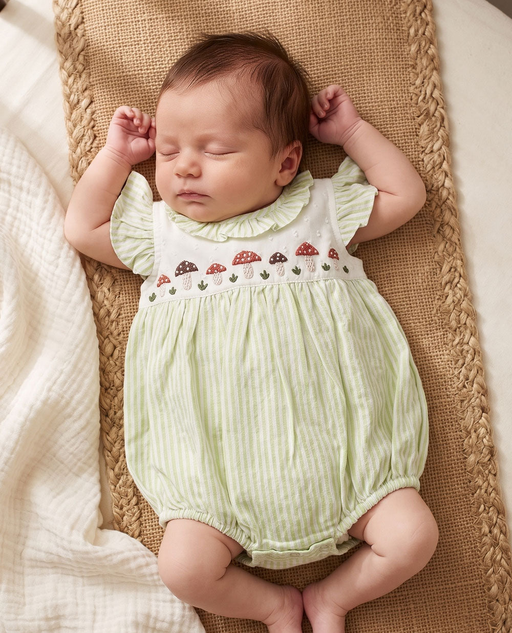 Baby Girl Embroidered Green and White Romper with Flutter Sleeves - Mushrooms