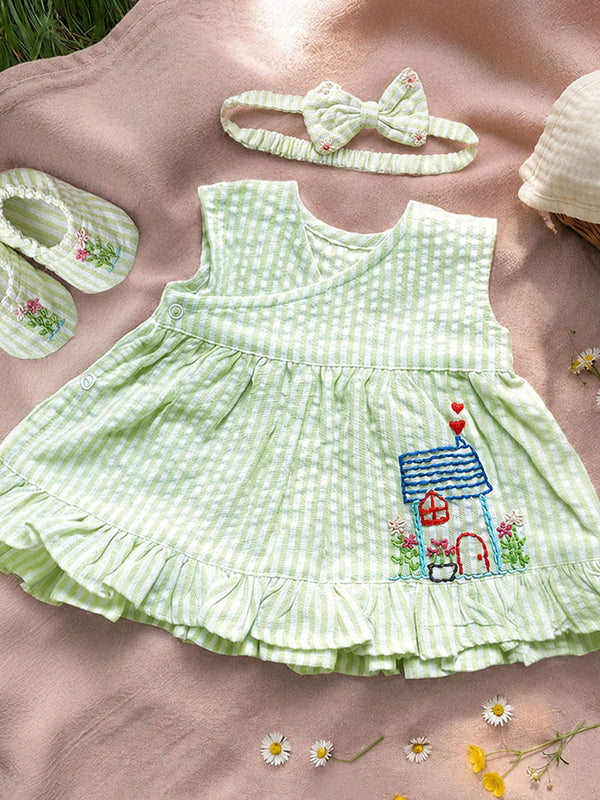 Baby Girl Embroidered Lime Green and White Wrap Dress and Accessories Set - Home Sweet Home