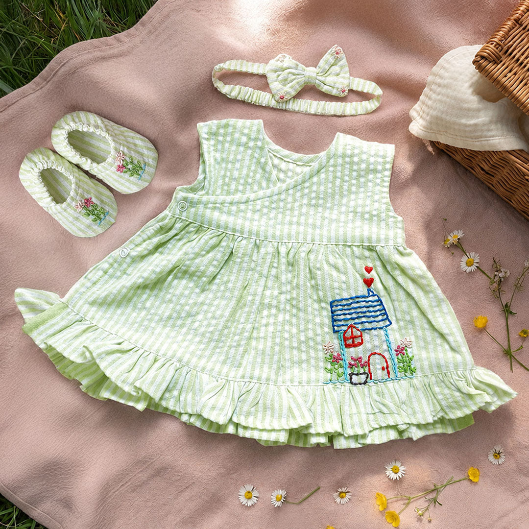 Baby Girl Embroidered Lime Green and White Wrap Dress and Accessories Set - Home Sweet Home