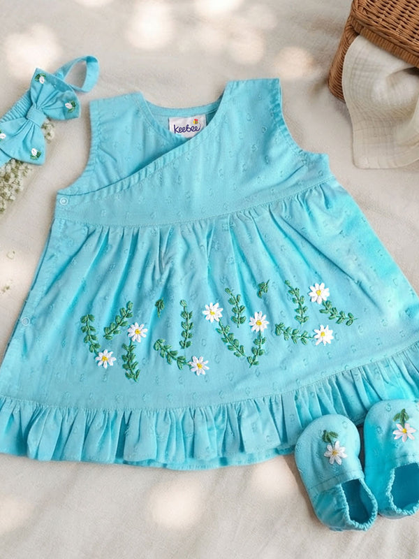 Baby Girl Embroidered Turquoise Blue Wrap Dress and Accessories Set - White Flowers